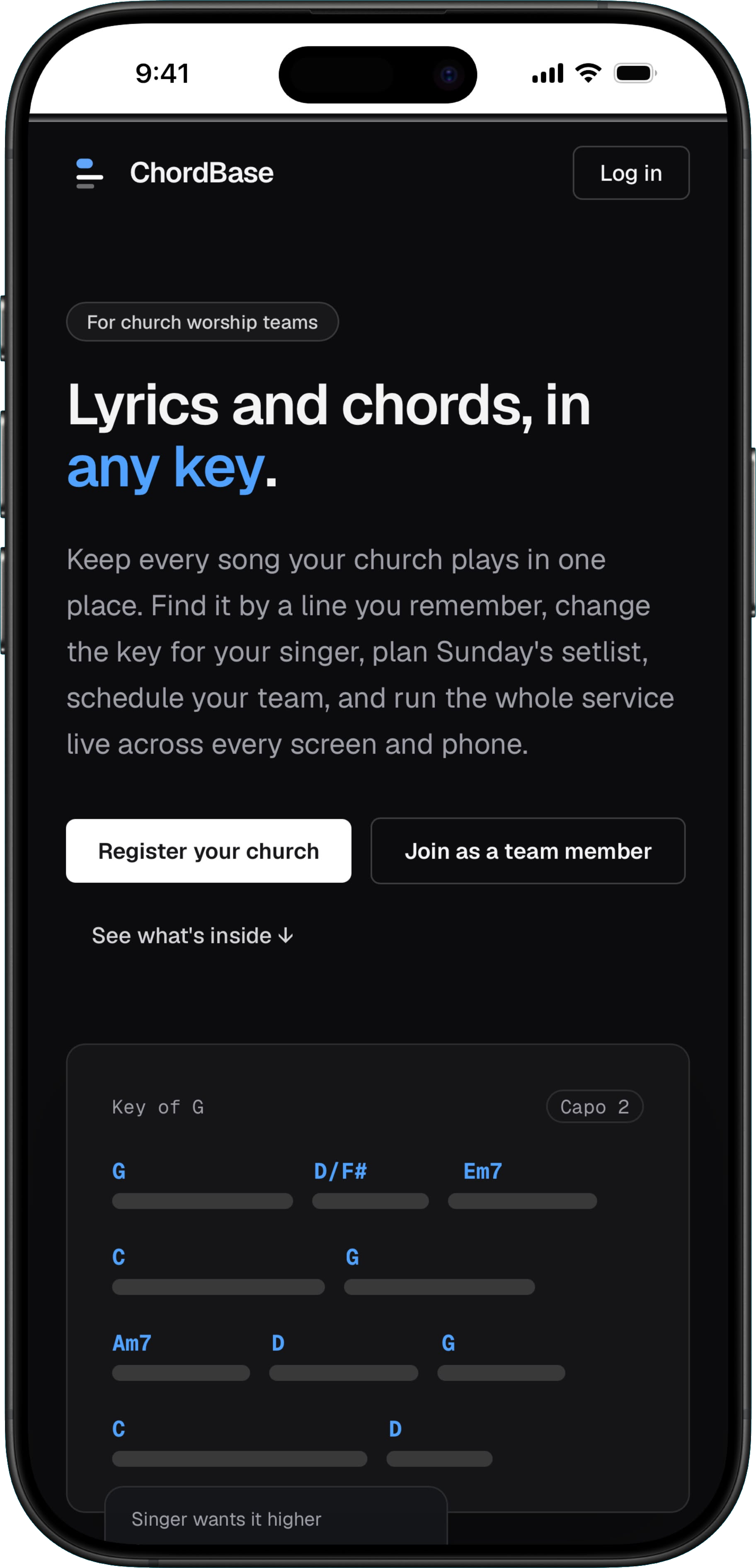 ChordBase's home page on a phone