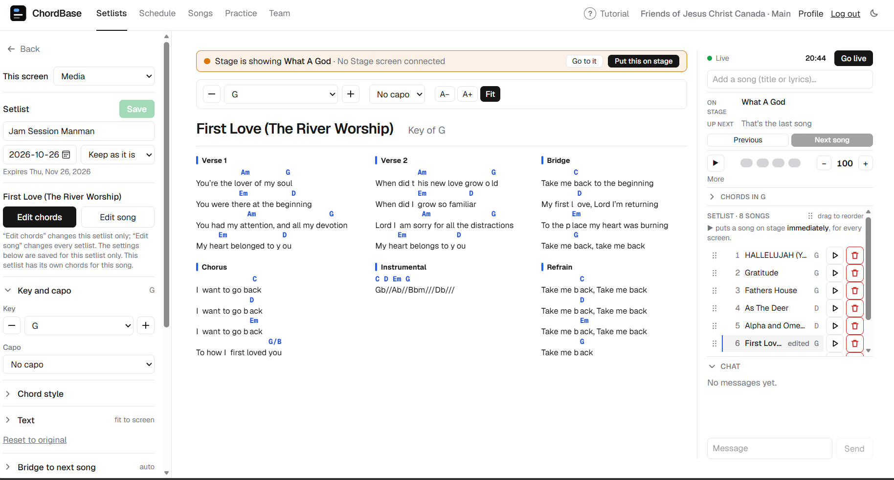 ChordBase's setlist view with chords above the lyrics and the song order on the right