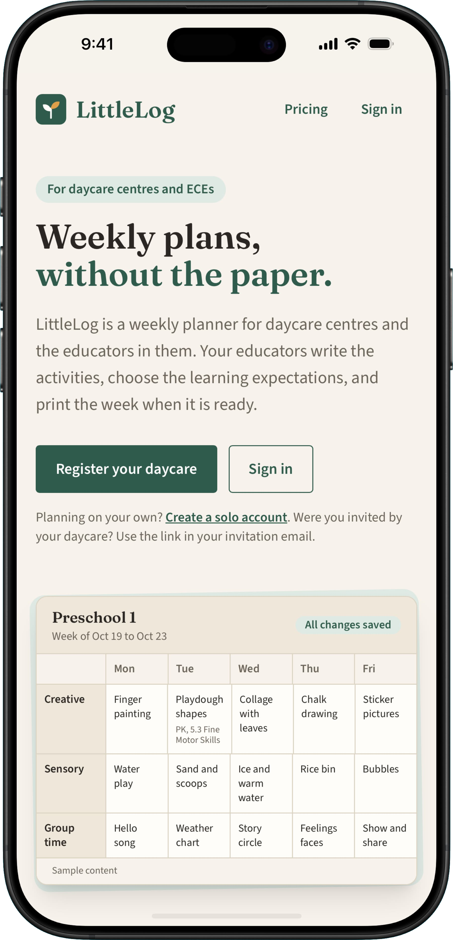 LittleLog's home page on a phone